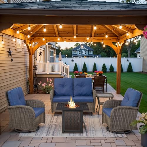 Patio Wicker Chairs Swivel Rocker - Outdoor Swivel Rocking Chairs Set of 2 with Rattan Side Table, Patio Swivel Glider Chair 3 Piece Patio Furniture Sets for Deck Porch Pool Brown/Blue