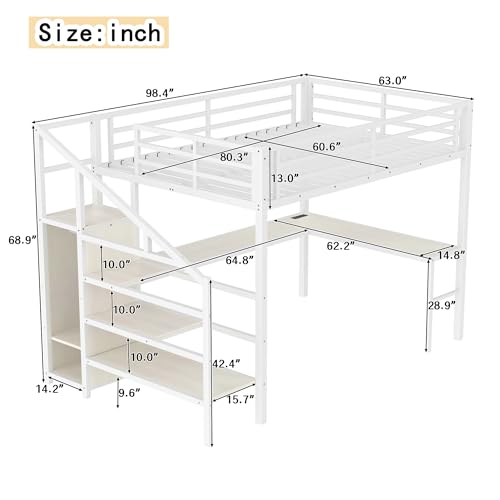SOFTSEA Queen Size Metal Loft Bed with L-Shaped Desk and Wardrobe, Metal Bed Frame with USB and Adjustable Shelf, High Loft Bed with LED for Bedroom, No Box Spring Needed, White Wood Grain