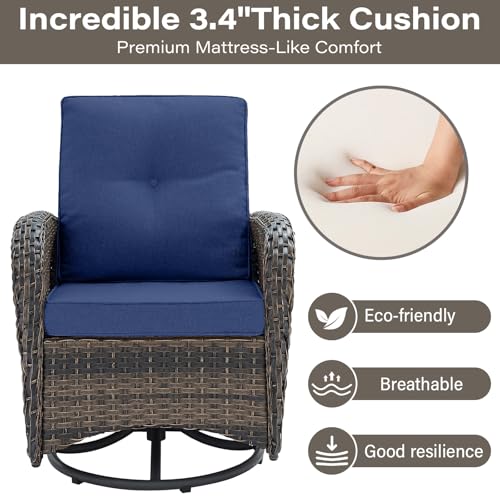 Patio Wicker Chairs Swivel Rocker - Outdoor Swivel Rocking Chairs Set of 2 with Rattan Side Table, Patio Swivel Glider Chair 3 Piece Patio Furniture Sets for Deck Porch Pool Brown/Blue