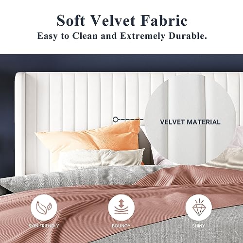 Allewie Queen Size Velvet Bed Frame/Vertical Channel Tufted Wingback Headboard/Upholstered Platform Bed/Strong Wooden Slats/No Box Spring Needed/Easy Assembly/Black