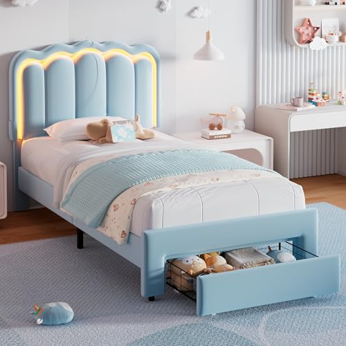 Twin Upholstered LED Bed Frame with Storage Drawer and Adjustable Chic Double Wavy Headboard, Velvet Princess Platform Bed for Kids/Girls, Solid Wood Slats Support, No Box Spring Needed, Beige