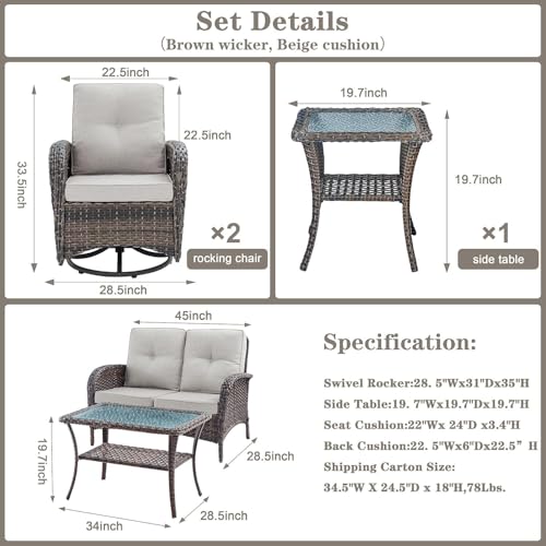 Patio Wicker Chairs Swivel Rocker - Outdoor Swivel Rocking Chairs Set of 2 with Rattan Side Table, Patio Swivel Glider Chair 3 Piece Patio Furniture Sets for Deck Porch Pool Brown/Blue