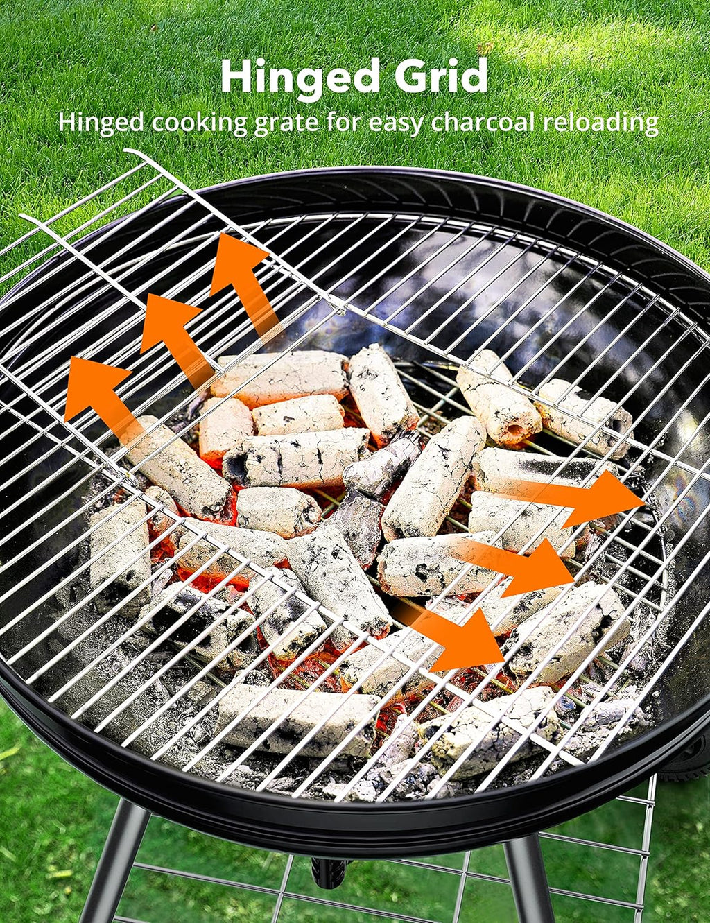 Charcoal BBQ Grill 22-Inch, Kettle Charcoal Grill with Lid Thermometer, Integrated Wheels, Plated Steel Grates, Slid Out Ash Catcher, Integrated Wheels, for Outdoor Cooking, Picnic, Patio, Backyard