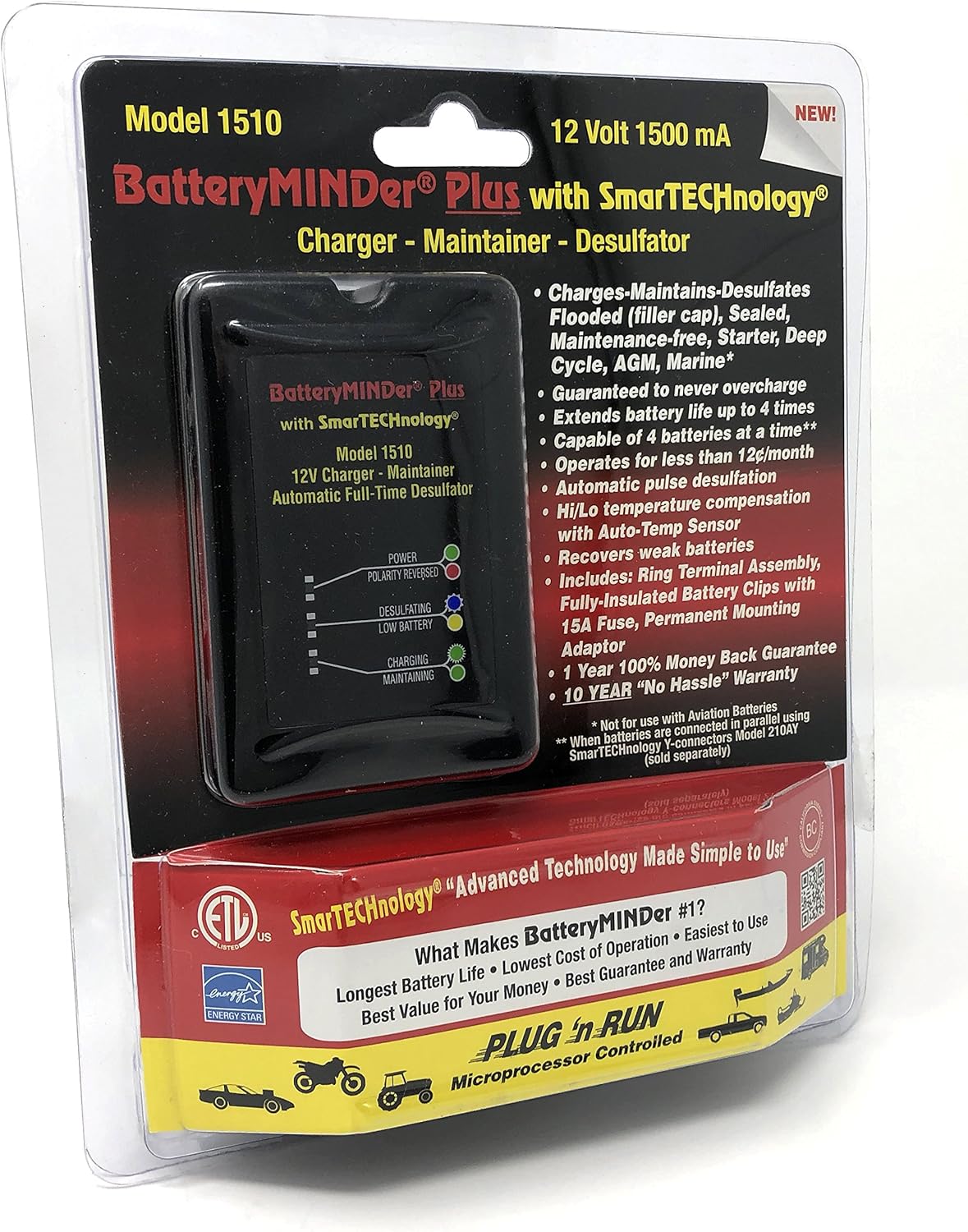 BatteryMINDer 1510: 12 Volt-1.5 Amp Battery Charger, Battery Maintainer, and Battery Desulfator ?C Designed for Cars, Trucks, Motorcycles, ATV, Boats, RV
