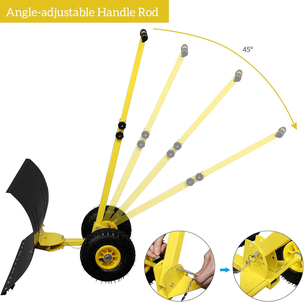 Outvita Snow Shovel with Wheels, 29 Wide 18 Long Snow Plow Shovel Angle & Height Adjustable Padded Handle Efficient Snow Clean Tool for Driveway or Pavement (Yellow)