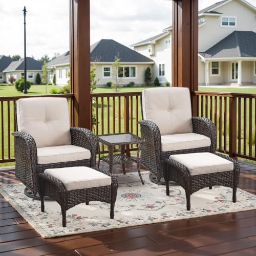 Patio Wicker Chairs Swivel Rocker - Outdoor Swivel Rocking Chairs Set of 2 with Rattan Side Table, Patio Swivel Glider Chair 3 Piece Patio Furniture Sets for Deck Porch Pool Brown/Blue