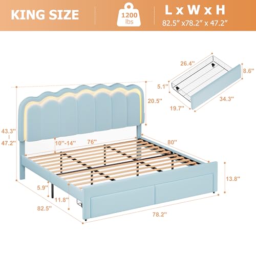 Twin Upholstered LED Bed Frame with Storage Drawer and Adjustable Chic Double Wavy Headboard, Velvet Princess Platform Bed for Kids/Girls, Solid Wood Slats Support, No Box Spring Needed, Beige