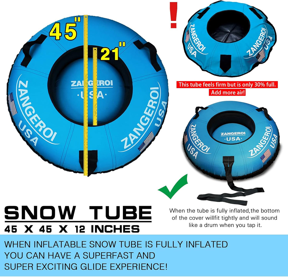 Snow Tube Snow Tubes Heavy Duty Snow Tube for Kids Adult Snow Tube 45inch, Snow Sled Sledding Tube, Inflatable Snow Tube for Kids Snow Tubes for Sledding Towable Double Rubber Snow Tube with Cover