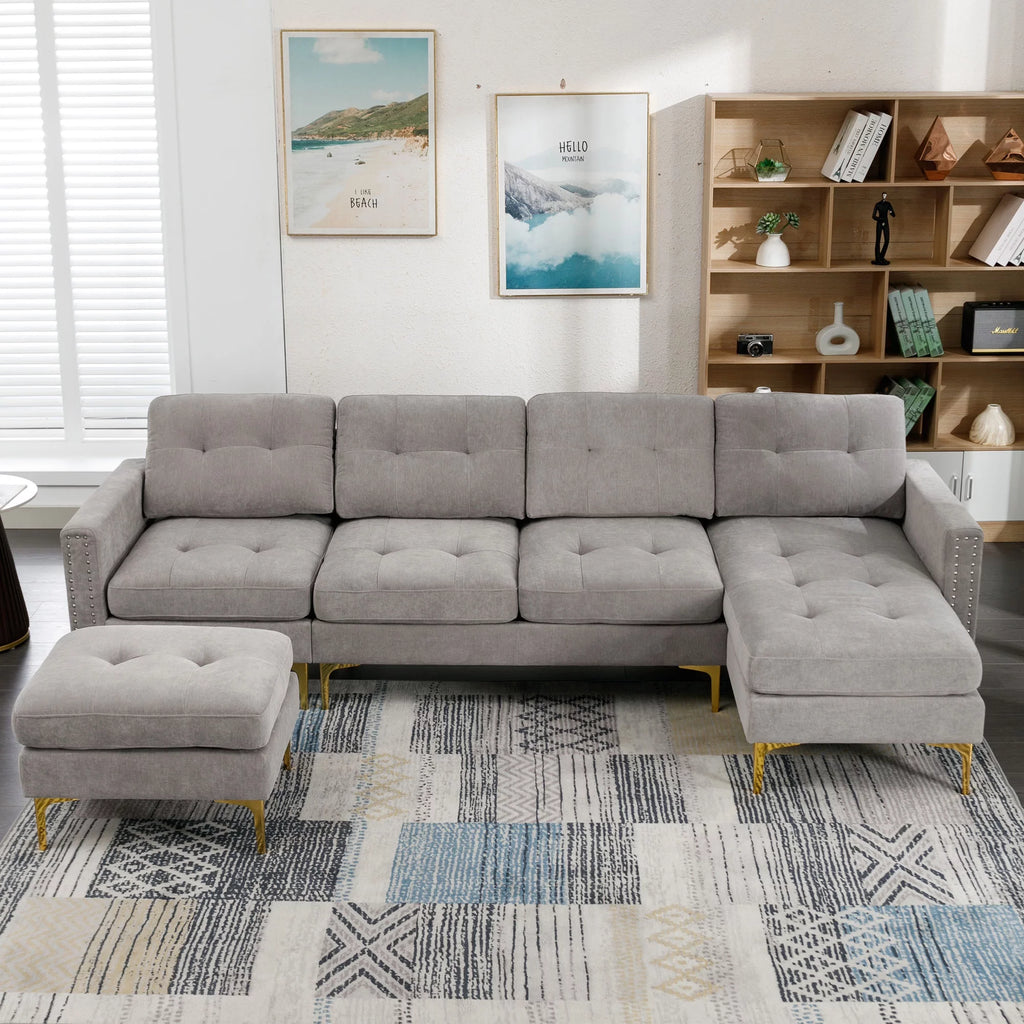 Soges U-Shaped Sectional Sofa with Ottoman, Convertible Couch for Living Room, 5 Seater Sofa, Gray, 110x54