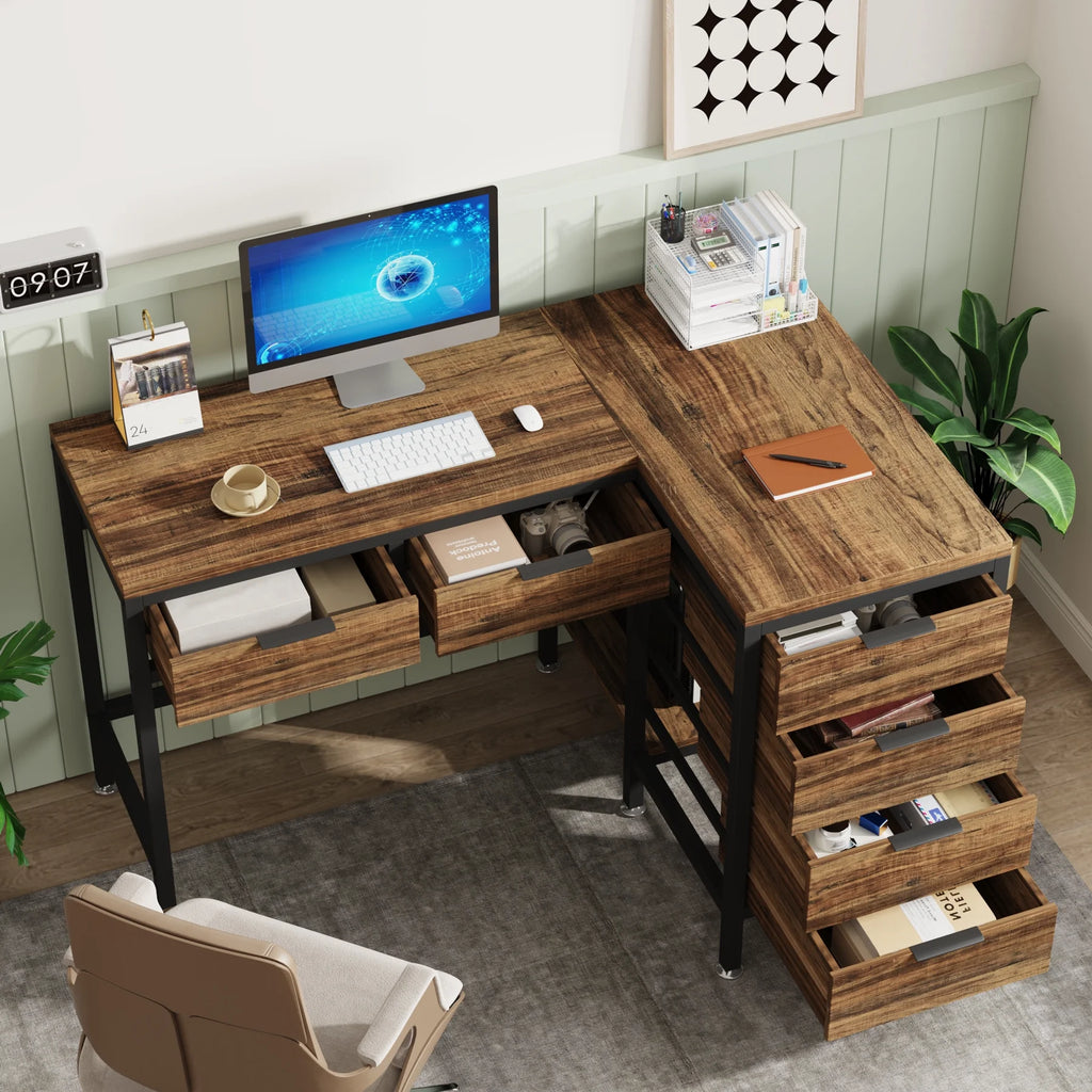 Tribesigns L-Shaped Desk with 6 Drawers, 47 in. Computer Corner Desk with CPU Storage Stand, Home Office Writing Desk Space-Saving Workstation Table