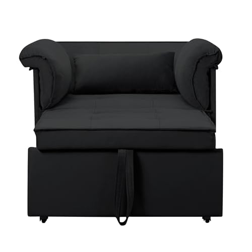 3 in 1 Sleeper Sofa Bed, Futon Sofa Bed for Living Room with Side Pocket, Black Sleepers Sofa Couch with Pullout Bed, Convertible Love Seat Sleepers Bed for Living Room, Bedroom, Small Space