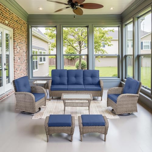 Patio Wicker Chairs Swivel Rocker - Outdoor Swivel Rocking Chairs Set of 2 with Rattan Side Table, Patio Swivel Glider Chair 3 Piece Patio Furniture Sets for Deck Porch Pool Brown/Blue