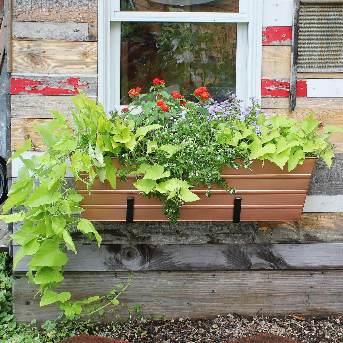 ACHLA DESIGNS Copper Plated Large Flower Box with Black Railing Clamp Brackets, 35.5 Window Box Planter