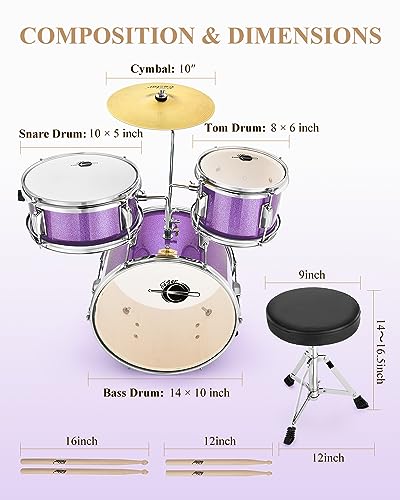 Kids Drum KIt Eastar 3-Piece for Beginners, 14 inch Drum Set with Adjustable Throne, Cymbal, Pedal & Two Pairs of Drumsticks, Junior Drum Set with Bass Tom Snare Drum, Metallic Sky Blue
