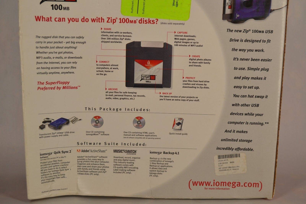 Iomega Zip 100 MB USB External Zip Drive with USB, Power Cord and 3 100Mb Discs