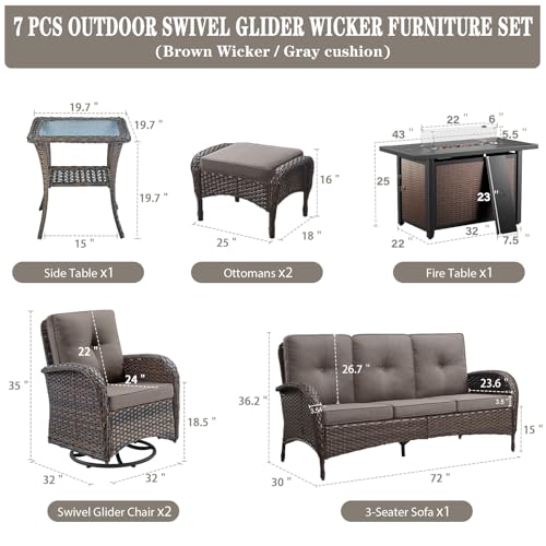 Patio Wicker Chairs Swivel Rocker - Outdoor Swivel Rocking Chairs Set of 2 with Rattan Side Table, Patio Swivel Glider Chair 3 Piece Patio Furniture Sets for Deck Porch Pool Brown/Blue