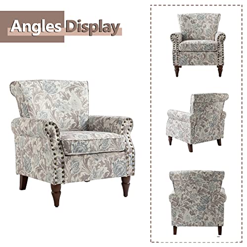 HULALA HOME Modern Wingback Accent Chair with Wood Legs & Removable Cushion, Comfy Upholstered Armchair with Nailhead Trim, Floral Pattern Single Sofa Chair for Living Room Bedroom, Blue