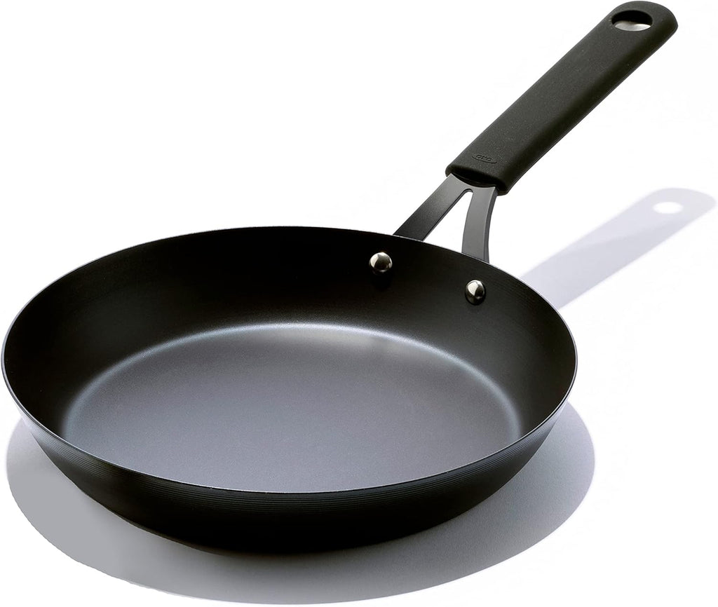 OXO Obsidian Pre-Seasoned Carbon Steel, 12 Wok Pan with Removable Silicone Handle Holder, Induction, Oven Safe, Black