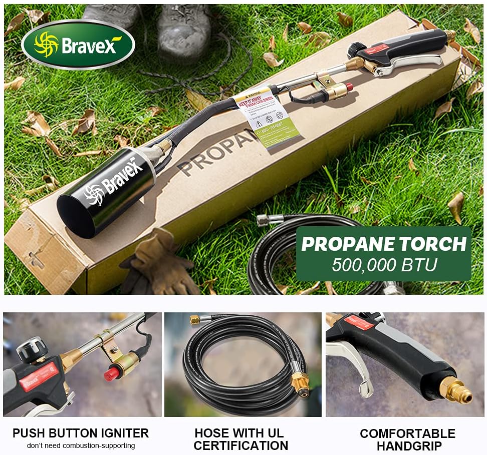 Propane Torch Weed Burner High Output 500,000 BTU, Heavy Duty Weed Torch Wand with Turbo Trigger Push Button Igniter (Piezo Electric Ignition) and 6.5 ft Hose (cCSAus certified)