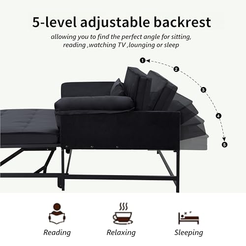 3 in 1 Sleeper Sofa Bed, Futon Sofa Bed for Living Room with Side Pocket, Black Sleepers Sofa Couch with Pullout Bed, Convertible Love Seat Sleepers Bed for Living Room, Bedroom, Small Space