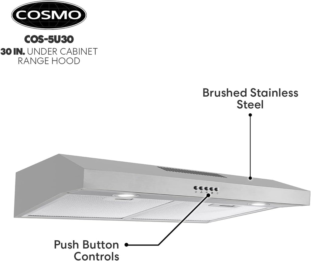 Cosmo 5U30 30 in. Under Cabinet Range Hood with Ducted / Ductless Convertible Slim Kitchen Over Stove Vent, 3 Speed Exhaust Fan, Reusable Filter, LED Lights in Stainless Steel