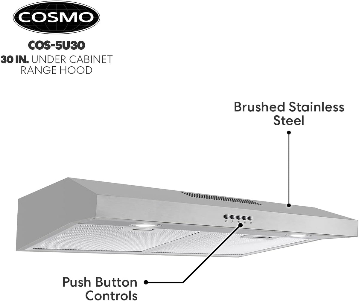 Cosmo 5U30 30 in. Under Cabinet Range Hood with Ducted / Ductless Convertible Slim Kitchen Over Stove Vent, 3 Speed Exhaust Fan, Reusable Filter, LED Lights in Stainless Steel