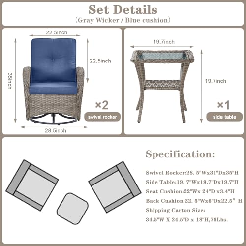 Patio Wicker Chairs Swivel Rocker - Outdoor Swivel Rocking Chairs Set of 2 with Rattan Side Table, Patio Swivel Glider Chair 3 Piece Patio Furniture Sets for Deck Porch Pool Brown/Blue