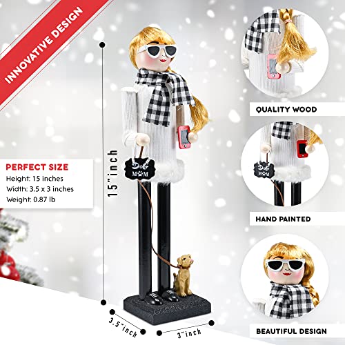 Ornativity Christmas Dog Mom Nutcracker ?C White and Black Wooden Nutcracker Woman with Dog on Leash and a Smartphone in Hand Xmas Themed Holiday Nut Cracker Doll Figure Decorations 15