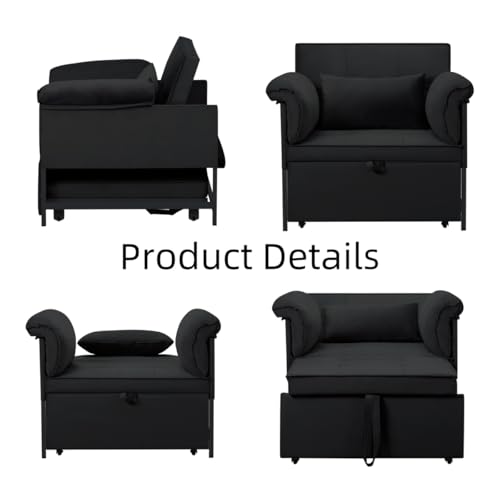 3 in 1 Sleeper Sofa Bed, Futon Sofa Bed for Living Room with Side Pocket, Black Sleepers Sofa Couch with Pullout Bed, Convertible Love Seat Sleepers Bed for Living Room, Bedroom, Small Space