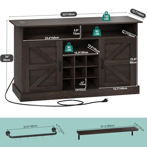 YITAHOME Buffet Cabinet, 47 Farmhouse Coffee Bar with Power Outlet, Floating Shelves, Multi-Functional Storage Sideboard Cabinet for Kitchen and Living Room (Rustic Brown)