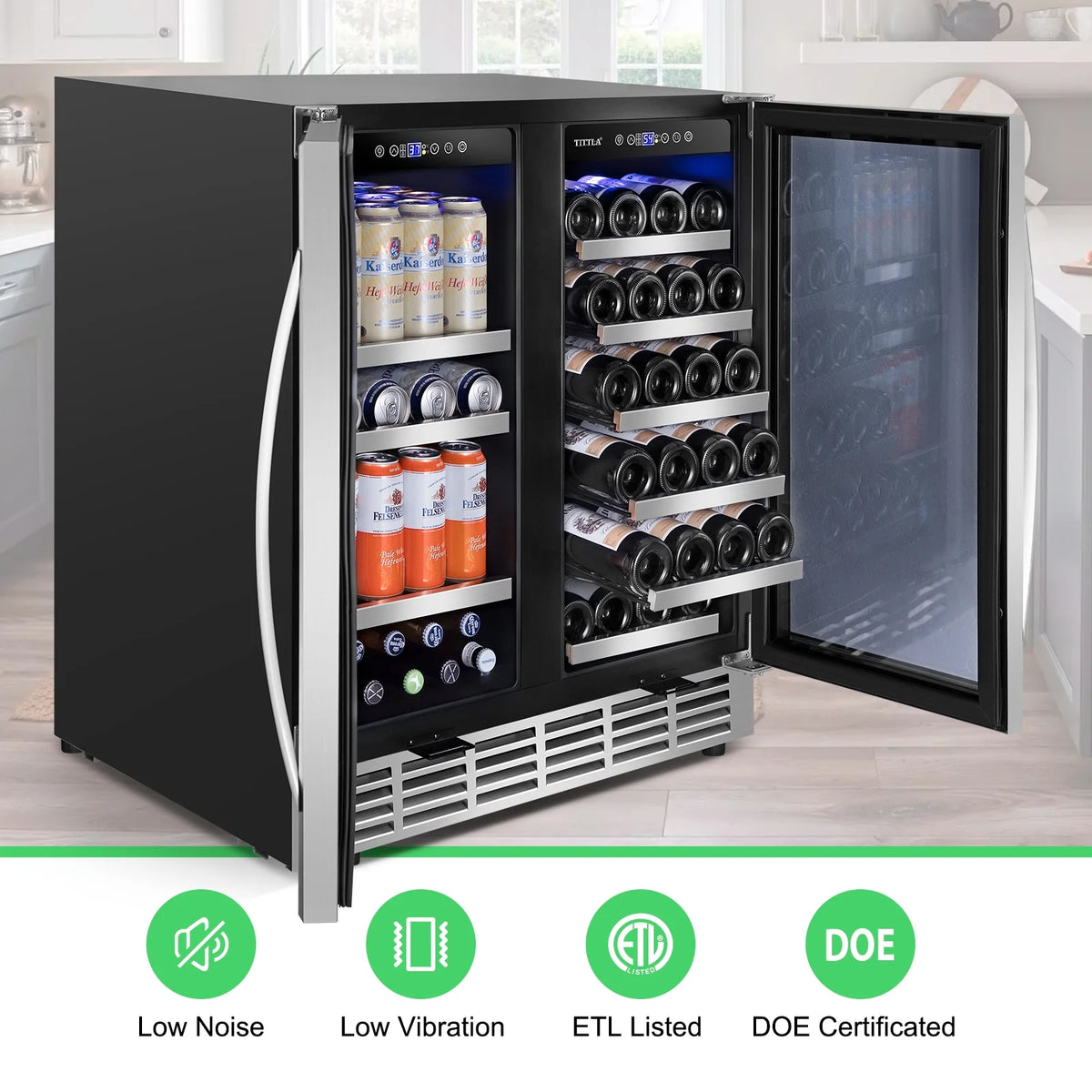 Tittla 30 Inch Wine Fridge, Dual Zone Wine and Beverage Refrigerator with 33 Bottle and 80 Can Wine Cooler Under Counter Freestanding