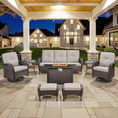 Patio Wicker Chairs Swivel Rocker - Outdoor Swivel Rocking Chairs Set of 2 with Rattan Side Table, Patio Swivel Glider Chair 3 Piece Patio Furniture Sets for Deck Porch Pool Brown/Blue