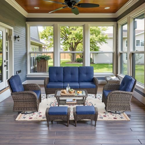 Patio Wicker Chairs Swivel Rocker - Outdoor Swivel Rocking Chairs Set of 2 with Rattan Side Table, Patio Swivel Glider Chair 3 Piece Patio Furniture Sets for Deck Porch Pool Brown/Blue