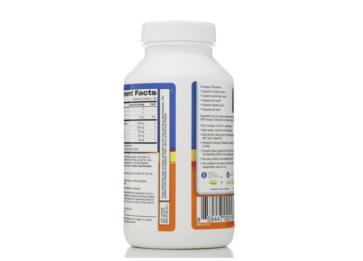 NutriGold Triple Strength Omega-3 Fish Oil 180 Softgels
