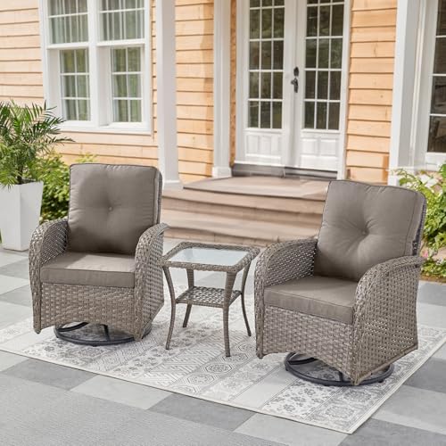 Patio Wicker Chairs Swivel Rocker - Outdoor Swivel Rocking Chairs Set of 2 with Rattan Side Table, Patio Swivel Glider Chair 3 Piece Patio Furniture Sets for Deck Porch Pool Brown/Blue