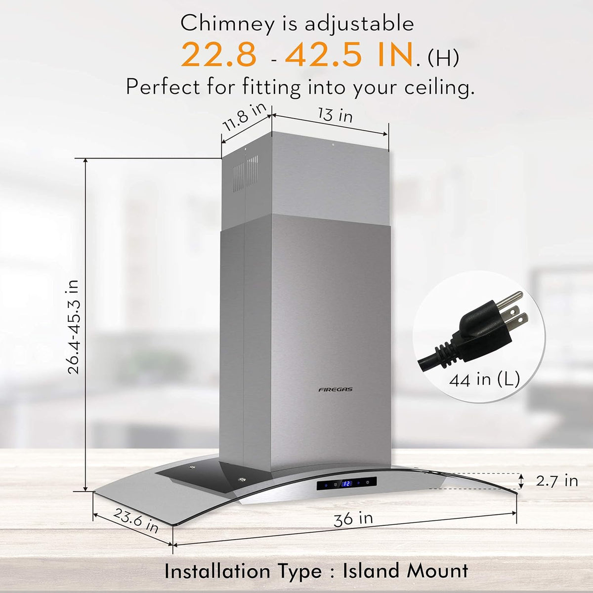 FIREGAS Island Range Hood 36 inch 450 CFM with Chimney,Tempered Glass,4 LED Lights,3 Speed Fan,Touch Control,Permanent Filter,Charcoal Filter,Stainless Steel,Island Mount,Ceiling Mount