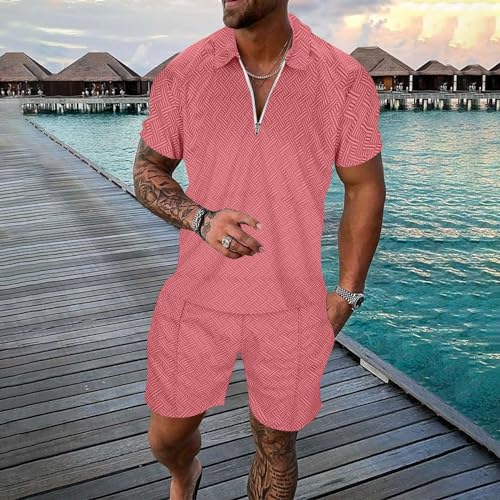 Male Casual Striped Print Two Piece Suit Zipper Short Sleeve Top Blouse Suit Drawstring Pocket Short Set Medium