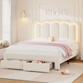 Twin Upholstered LED Bed Frame with Storage Drawer and Adjustable Chic Double Wavy Headboard, Velvet Princess Platform Bed for Kids/Girls, Solid Wood Slats Support, No Box Spring Needed, Beige