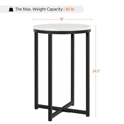 Yaheetech Faux Marble Side Table, 16in End Table Modern Accent Sofa Table w/X-Based, Round Tabletop, Sturdy Metal Legs for Living Room, Black