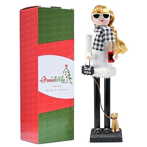 Ornativity Christmas Dog Mom Nutcracker ?C White and Black Wooden Nutcracker Woman with Dog on Leash and a Smartphone in Hand Xmas Themed Holiday Nut Cracker Doll Figure Decorations 15