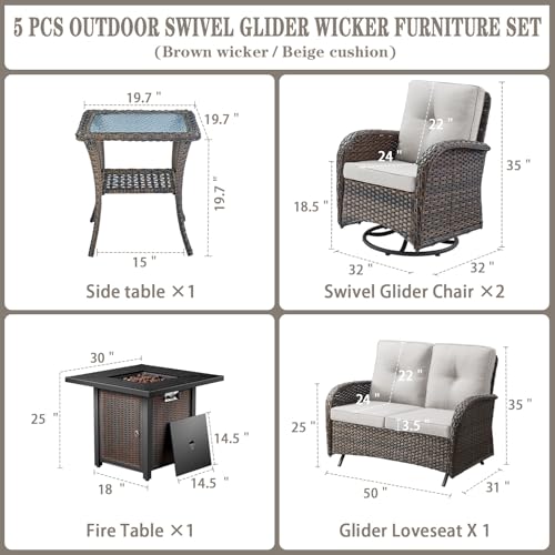 Patio Wicker Chairs Swivel Rocker - Outdoor Swivel Rocking Chairs Set of 2 with Rattan Side Table, Patio Swivel Glider Chair 3 Piece Patio Furniture Sets for Deck Porch Pool Brown/Blue