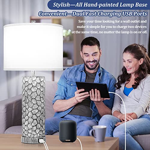 Brightever Table Lamp for Living Room - Touch Lamps Set of 2 with Dual USB Charging Ports, 3-Way Dimmable Farmhouse Lamps for Nightstands, Rustic Bedside Lamp for End Tables, 2 A19 LED Bulbs Included