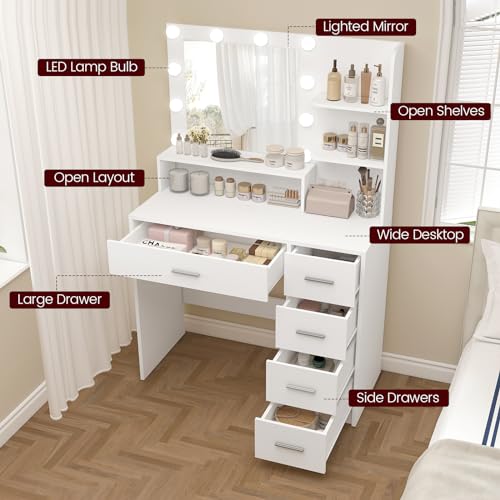 Makeup Vanity Desk with Mirror, 10 Lights, 5 Drawers, 3 Storage Shelves, 3 Color Modes & Adjustable Brightness Dressing Table, 35.4?? Desk, Black