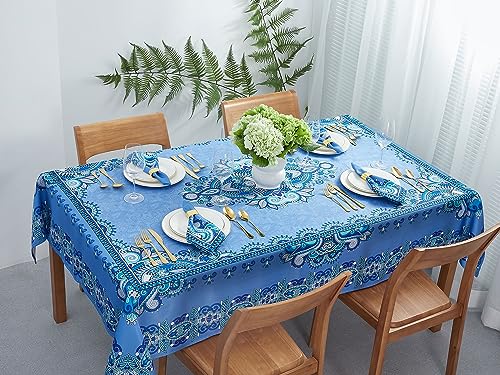 YiHomer Mykonos Blue Paisley Tile Bordered Tabletop for Spring Summer Decorations, Picnics and Dinner Parties - Indoor Outdoor, Stain and Water Resistant, Tablecloth, 60 x 84 Rectangle