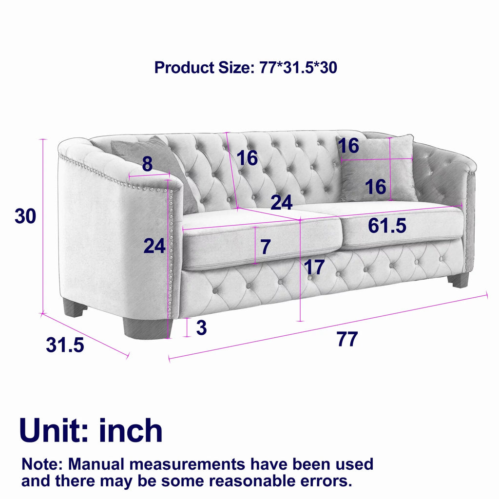 77-Inch Modern Chesterfield Velvet Sofa, 3-Seater Sofa, Upholstered Tufted Backrests with Nailhead Arms and 2 Cushions for Living Room, Bedroom, Apartment, Office (Grey)
