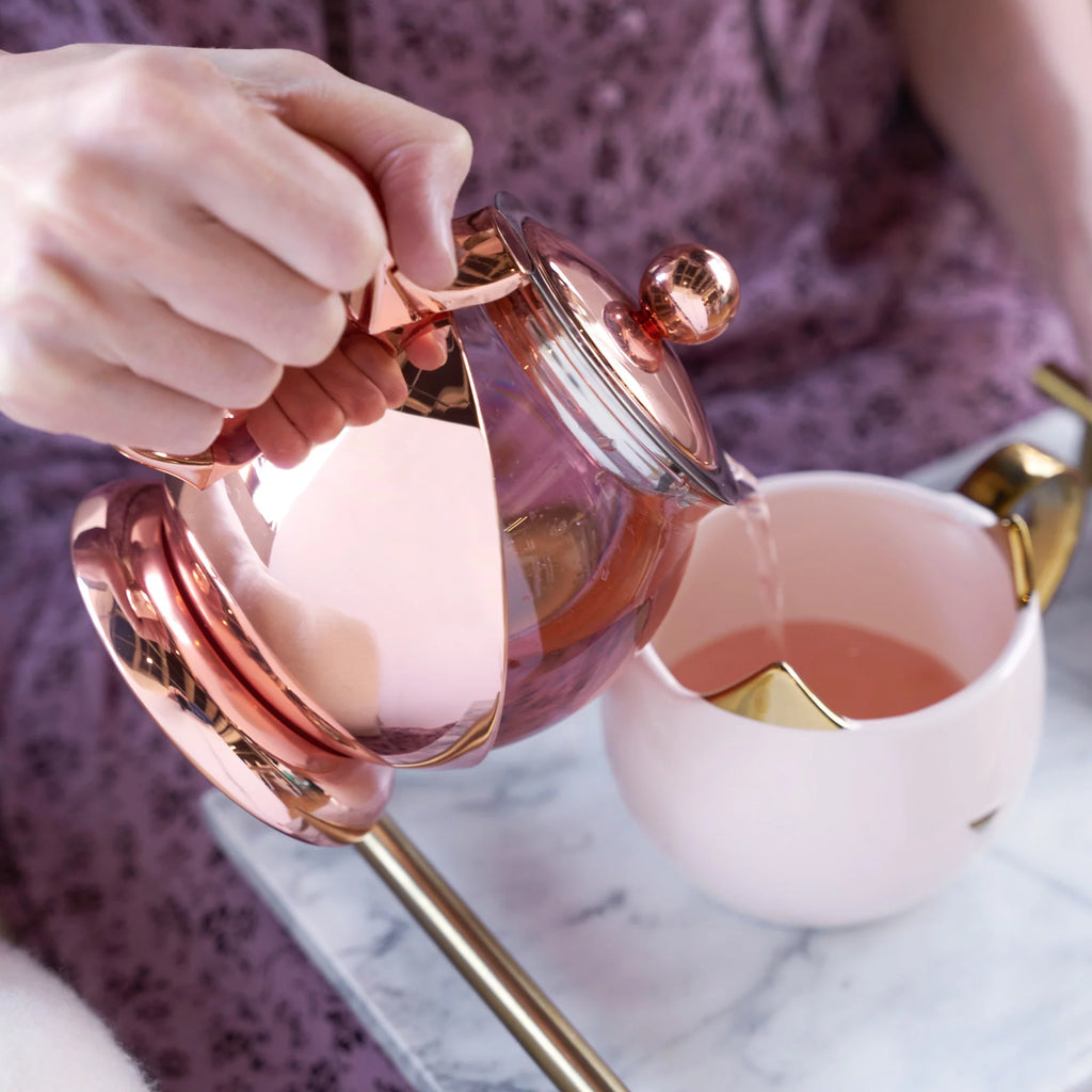 Pinky Up Rose Gold Wrapped Teapot - Tea Clear Glass Pot with Infuser Strainer and Tea Kettle for Loose Tea, 24 Oz