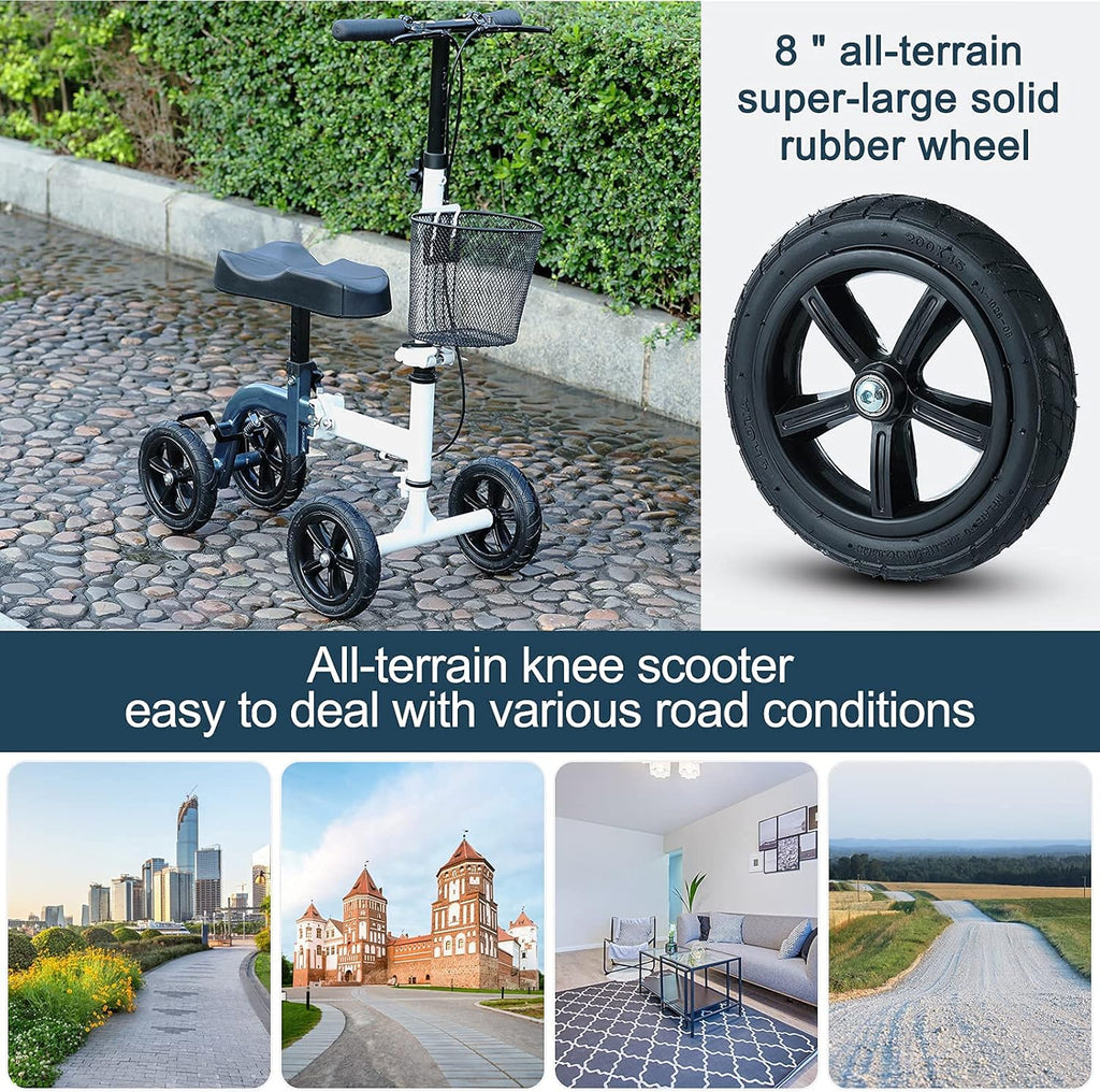 RINKMO Knee Scooter,All-Terrain Foldable Knee Scooter Walker Economical Knee Scooters for Foot Injuries Best Crutches Alternative (White+Blue)