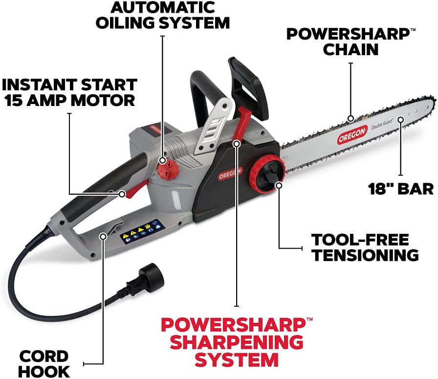 Oregon CS1500 18-inch 15 Amp Self-Sharpening Corded Electric Chainsaw, with Integrated Self-Sharpening System (PowerSharp), 2-Year Warranty, 120V, Grey, Black