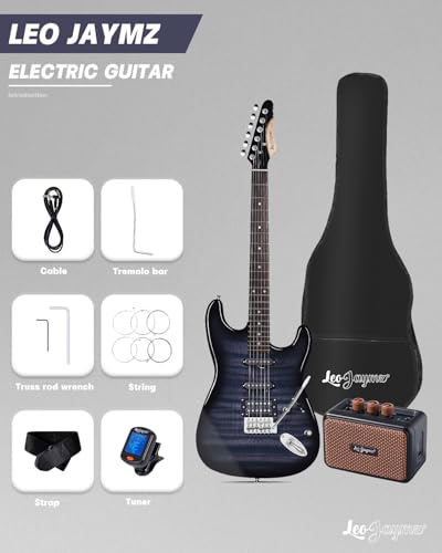 Leo Jaymz 39 Full Size ST Style Electric Guitar Starter Kit with SSH Pickup, 5W Portable Amp, Tuner, Gig Bag, Strap & Accessories (Violet Ocean)
