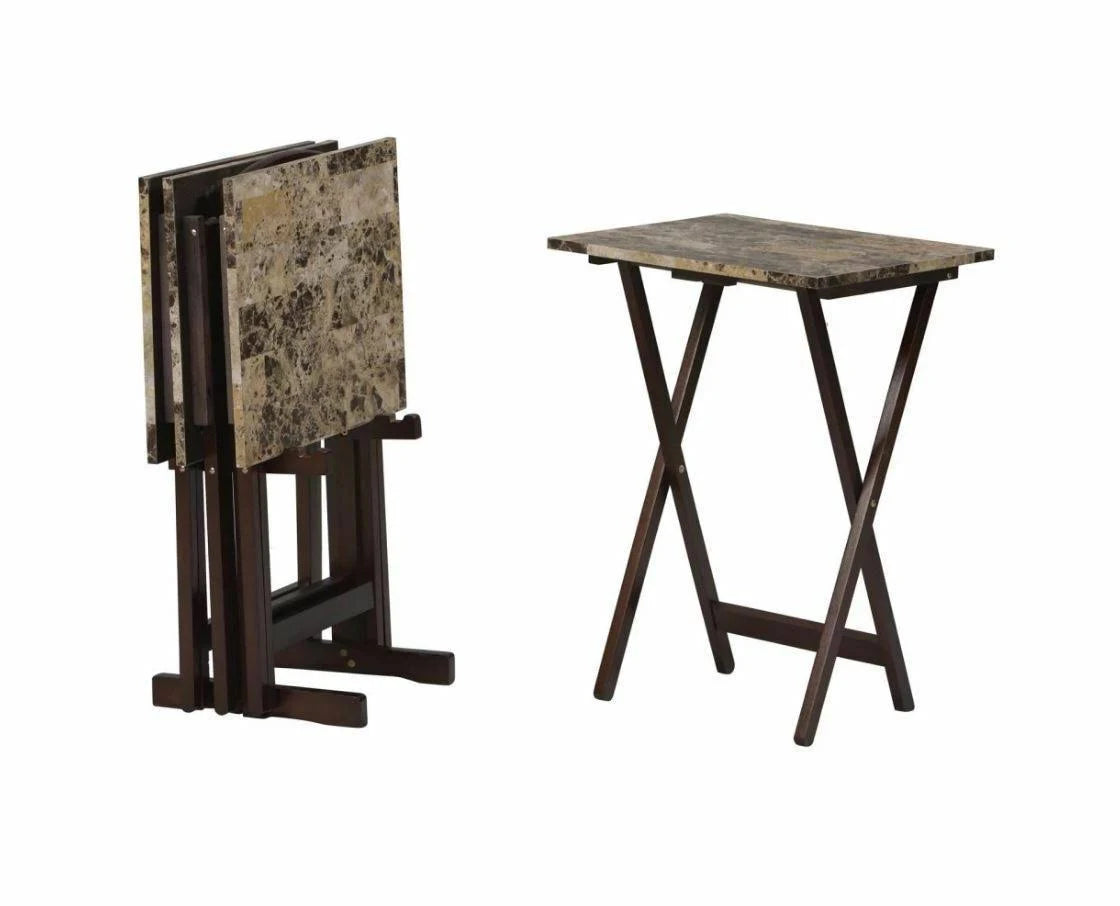 TV Tray Table 4 Piece Set with Stand - Faux Marble and Dark Brown